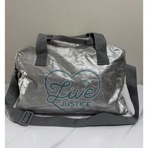 Justice Silver Metallic Duffel Bag "Live Justice" Heart Logo Gym Dance Bag Tween